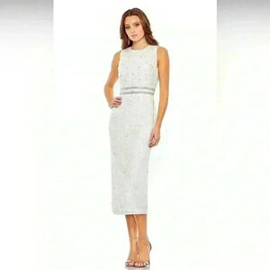 Mac Duggal Sleeveless High Neck Beaded Midi Sheath Dress White NWT Style 10509